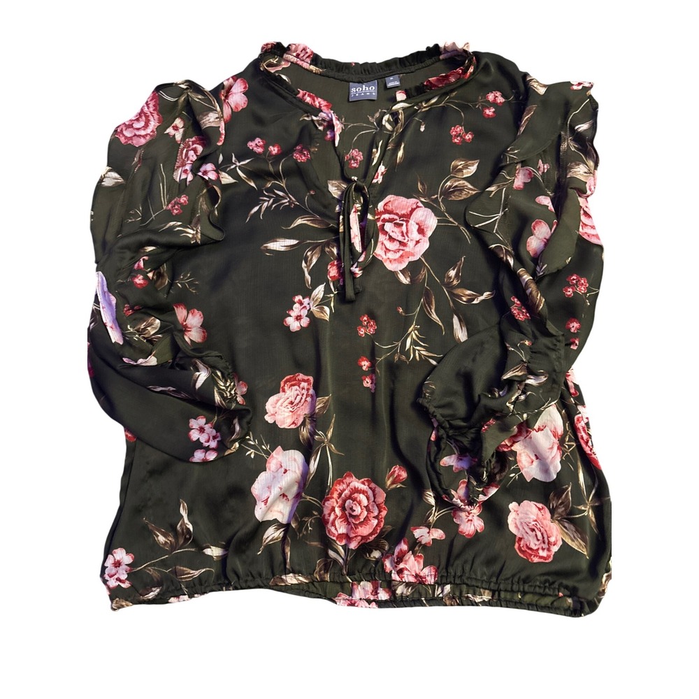 Soho Jeans Dark Green Floral Cold Shoulder Blouse XL